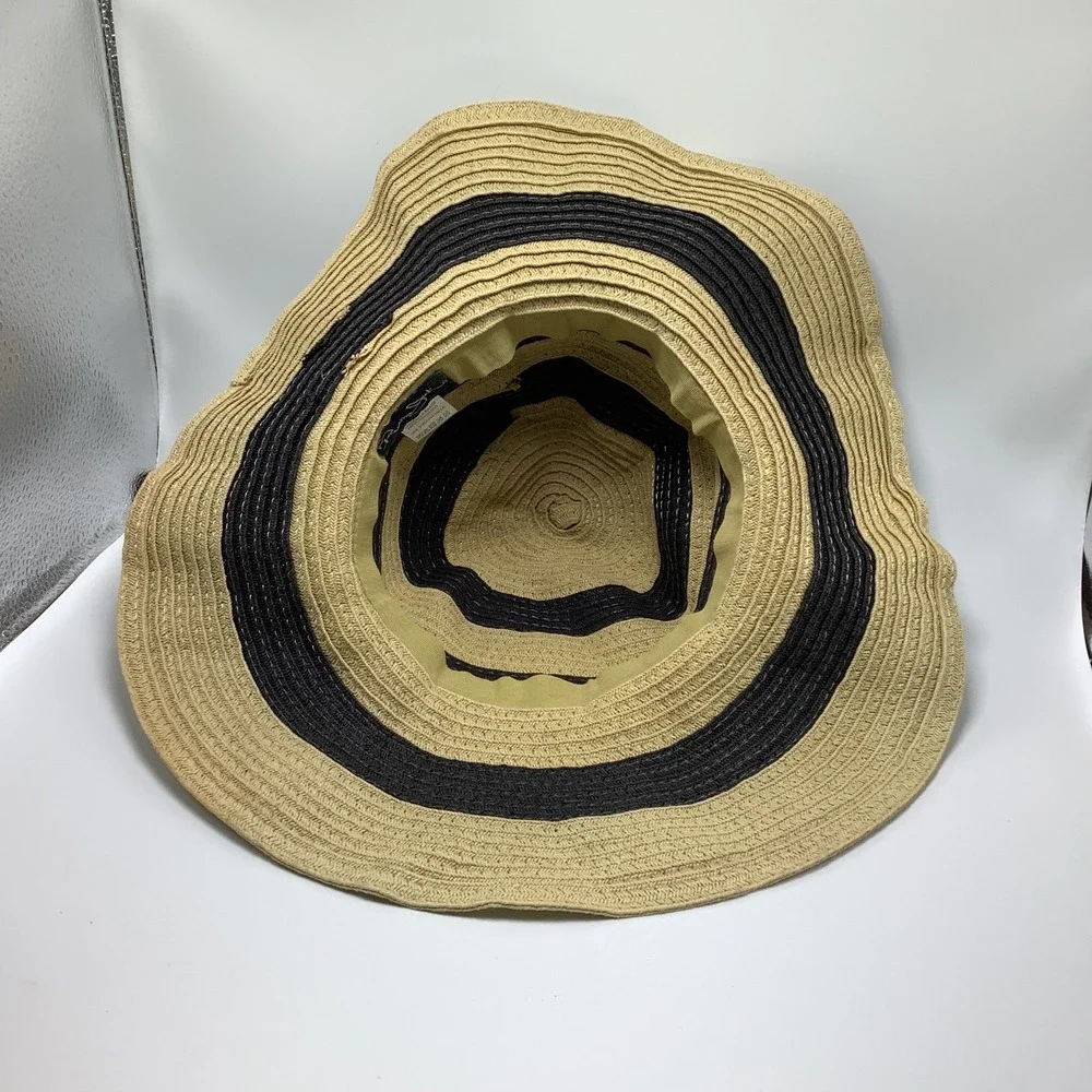 Panama Jack Womans Straw Sun Hat Tan‎ Black Beach Hat Wide Brim